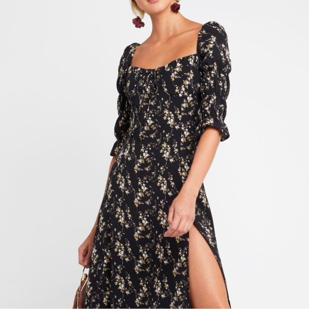 Floral Midi Dress with Puff Sleeves - Black
